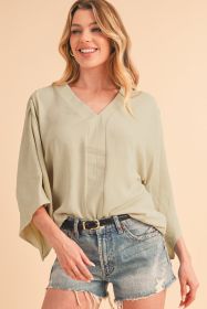 Parchment Solid Color Crinkled V Neck Ruffled Sleeve Blouse (size: (US 16-18)XL)