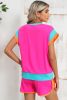 Rose Red Color Block Loose Fit Top and Elastic Waist Shorts Set
