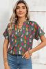 Blackish Green Cheetah Print Split V Neck Blouse