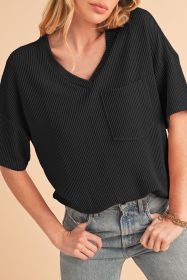 Black Ribbed V Neck Pocket Drop Sleeve T-Shirt (size: (US 16-18)XL)
