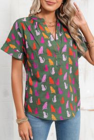 Blackish Green Cheetah Print Split V Neck Blouse (size: (US 16-18)XL)