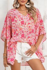 Pink Boho Floral Print V Neck Oversized Blouse (size: (US 16-18)XL)