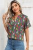 Blackish Green Cheetah Print Split V Neck Blouse