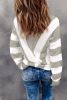 Grey Striped Colorblock V Neck Casual Cutout Knitted Sweater