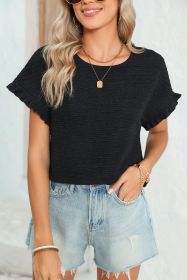 Black Solid Textured Frill Cuffs Short Sleeve Blouse (size: (US 4-6)S)