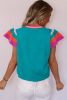Turquoise Contrast Sleeve Striped Round Neck Knitted Tee