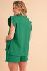 Dark Green Textured Ruffle Split Top and Drawstring Shorts Set