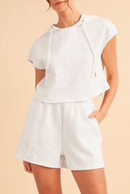 White Textured Cropped Hoodie and Pocketed Shorts Set (size: (US 16-18)XL)