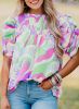Green Abstract Print Smocked Bubble Sleeve Blouse