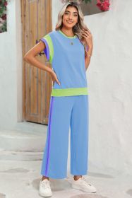 Sky Blue Colorblock Cap Sleeve Tee & Wide Leg Pants Set (size: (US 16-18)XL)