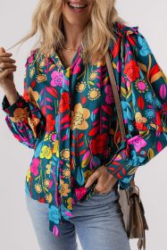 Green 60s Floral Print Knot Split Neck Puff Sleeve Blouse (size: (US 16-18)XL)