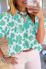 Green Floral Puff Sleeve Frilled Neckline Blouse (size: (US 16-18)XL)