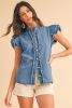 Ashleigh Blue Button Front Ruffled Flutter Frayed Denim Top