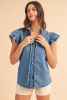Ashleigh Blue Button Front Ruffled Flutter Frayed Denim Top