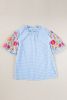 Light Blue Flower Embroidered Puff Sleeve Gingham Blouse