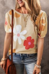 Apricot Colorful Flower Print Bubble Sleeve Tee (size: (US 16-18)XL)