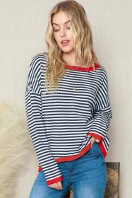Striped Print Trim Drop Sleeve Knit Pullover Sweater (size: (US 16-18)XL)