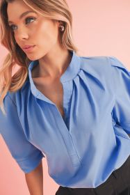 Sky Blue Solid Color Puff Short Sleeve Pleated Blouse (size: (US 16-18)XL)