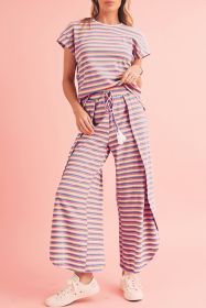 Pink Stripe Rainbow Tee and Tassel Drawstring Wide Leg Pants Set (size: (US 16-18)XL)