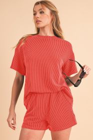 Orange Ribbed Textured Loose Fit Tee & Shorts Set (size: (US 16-18)XL)