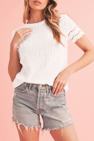 White Eyelet Embroidery Scalloped Short Sleeve Blouse (size: (US 16-18)XL)