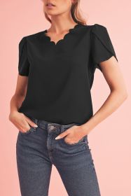 Black Scallop Trim V Neck Petal Sleeve Blouse (size: (US 16-18)XL)