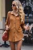 Brown Pocket Buttons Front Waffle Knit Shacket