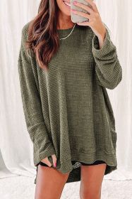 Green Waffle Knit Drop Sleeve High Slits Oversized Top (size: (US 16-18)XL)