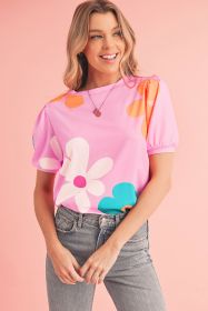 Pink Colorful Flower Print Bubble Sleeve Tee (size: (US 16-18)XL)