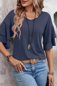 Sail Blue Solid Color V Neck Layered Sleeve Loose T-Shirt (size: (US 16-18)XL)