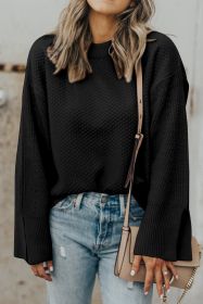 Black Solid Textured Knit Split Cuff Drop Shoulder Loose Sweater (size: (US 4-6)S)