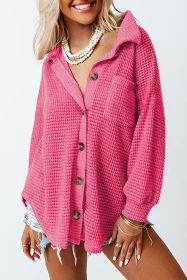 Hot Pink Pocket Buttons Front Waffle Knit Shacket (size: (US 16-18)XL)