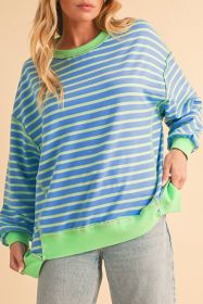 Sky Blue Stripe Contrast Trim High Low Tunic Sweatshirt (size: (US 16-18)XL)