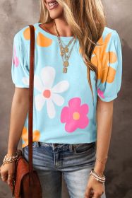 Sky Blue Colorful Flower Print Bubble Sleeve Tee (size: (US 4-6)S)