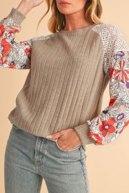 Parchment Floral Patchwork Raglan Sleeve Ribbed Blouse (size: (US 16-18)XL)