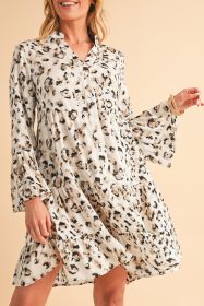 Khaki Leopard Button V Neck Pocket Flowy Mini Dress (size: (US 4-6)S)