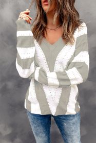 Grey Striped Colorblock V Neck Casual Cutout Knitted Sweater (size: (US 16-18)XL)