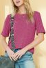 Bright Pink Ribbed Splicing Short Sleeve Round Neck T-shirt