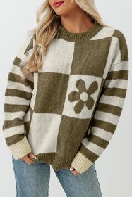 Mist Green 60s Floral Checkered and Striped Knitted Pullover Sweater (size: (US 16-18)XL)