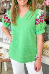 Green Leopard Embroidered Sleeve Textured Blouse (size: (US 16-18)XL)