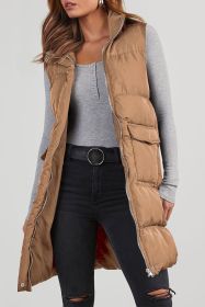 Coffee Quilted Pocketed Long Puffer Vest Coat (size: (US 16-18)XL)