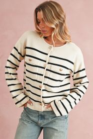 Black Stripe Flap Pocket Button Up Cardigan (size: (US 16-18)XL)