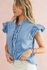 Beau Blue Button Front Ruffled Flutter Frayed Denim Top