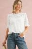 White Flower Eyelet Jacquard Keyhole Puff Sleeve Blouse