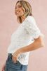 White Flower Eyelet Jacquard Keyhole Puff Sleeve Blouse