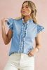 Beau Blue Button Front Ruffled Flutter Frayed Denim Top