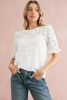 White Flower Eyelet Jacquard Keyhole Puff Sleeve Blouse