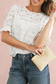 White Flower Eyelet Jacquard Keyhole Puff Sleeve Blouse (size: (US 16-18)XL)