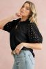 Black Hollow-out Flower Embroidered Short Puff Sleeve Blouse