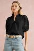 Black Hollow-out Flower Embroidered Short Puff Sleeve Blouse